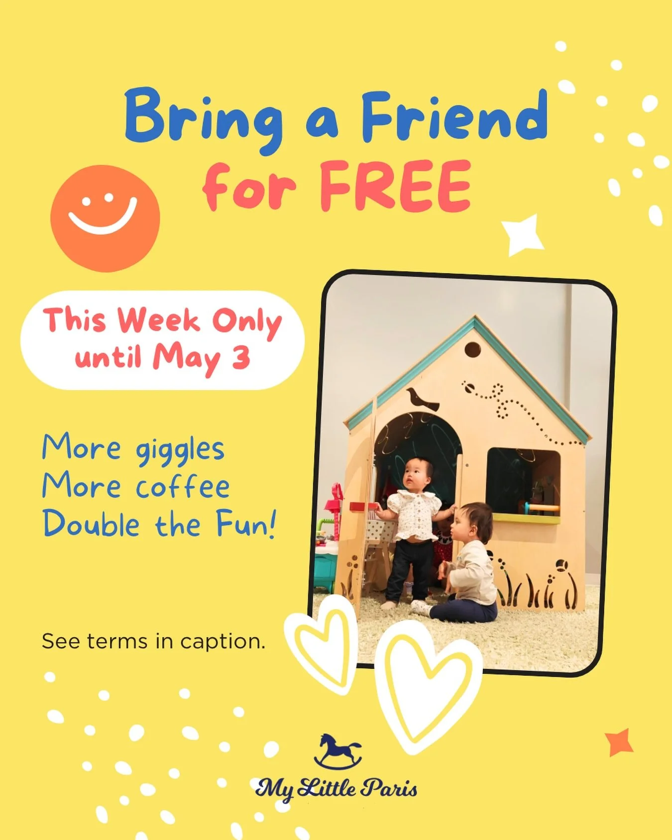 👯&zwj;♀️ The easiest playdate you&rsquo;ll plan this week ✨

Bring a friend for FREE at My Little Paris through May 3 💛
More laughs for them, more coffee time for you ☕

🩵 Members, this includes you too &mdash; invite a friend and their little one