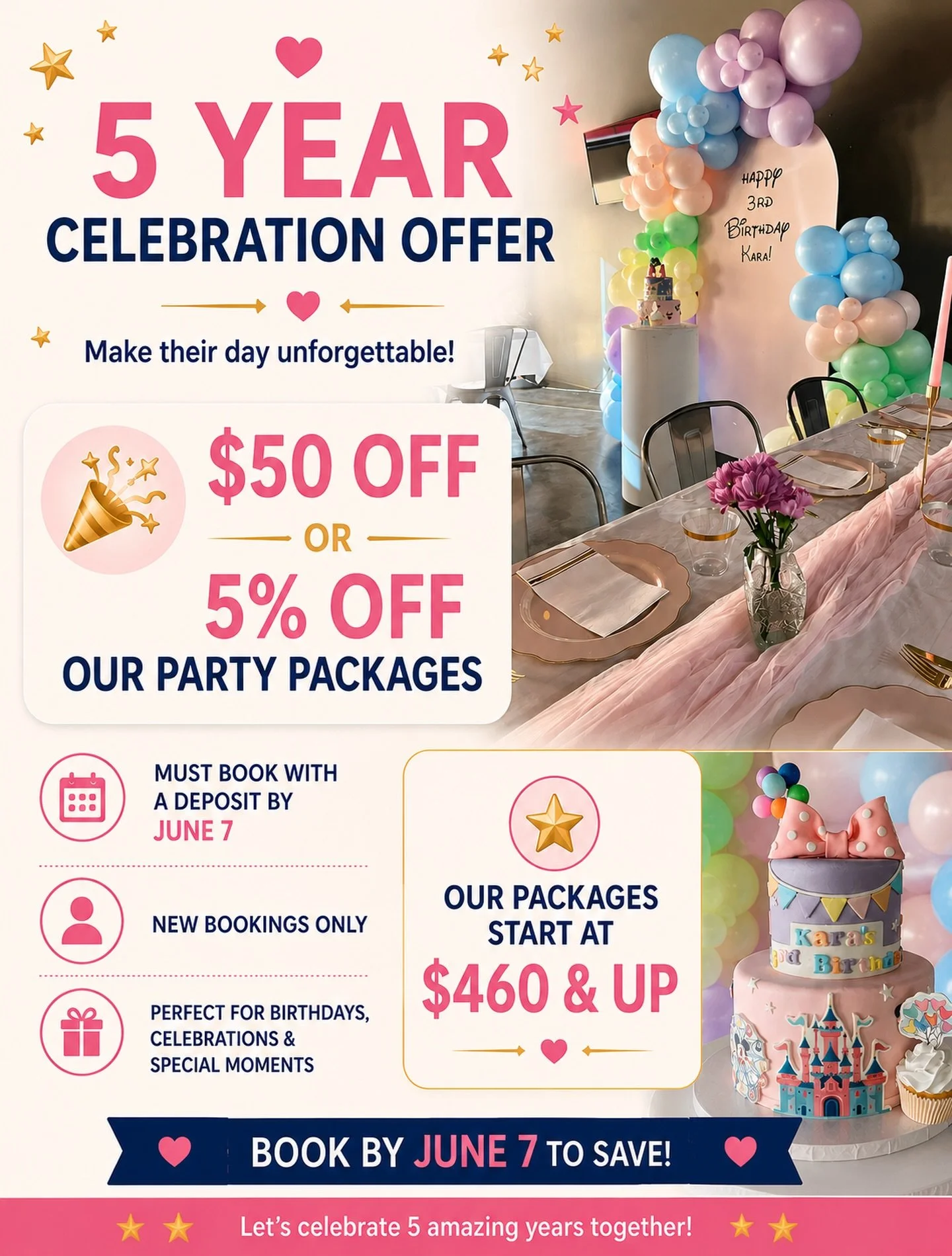 🎉 Only a Few Days Left to Save on Your Party Booking! 🎉

As part of our 5-Year Anniversary Celebration, we&rsquo;re offering:

✨ $50 OFF OR 5% OFF our party packages
✨ Packages starting at $460
✨ New bookings only
✨ Must secure your reservation wit