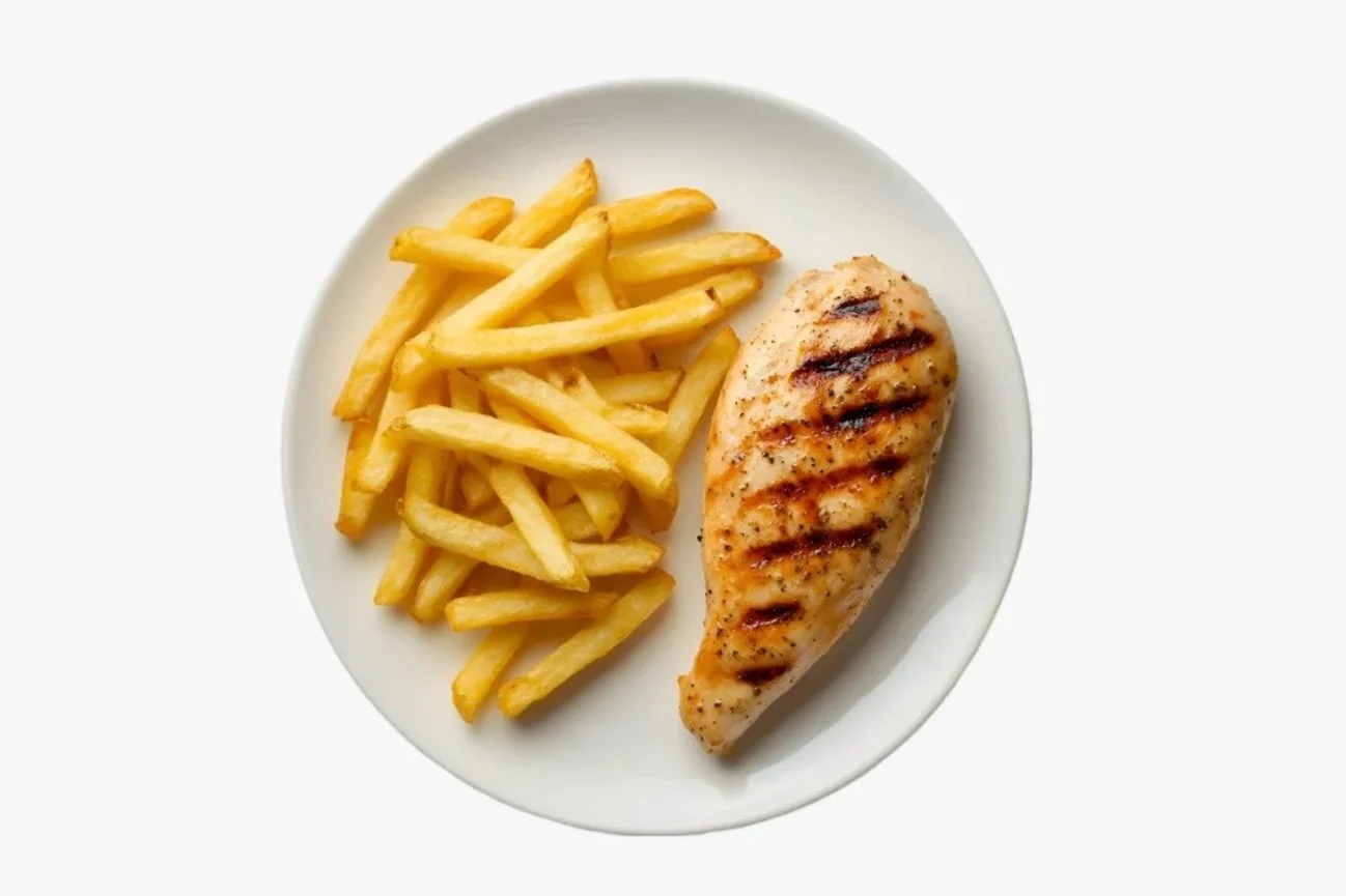 grilled chicken breast and fries