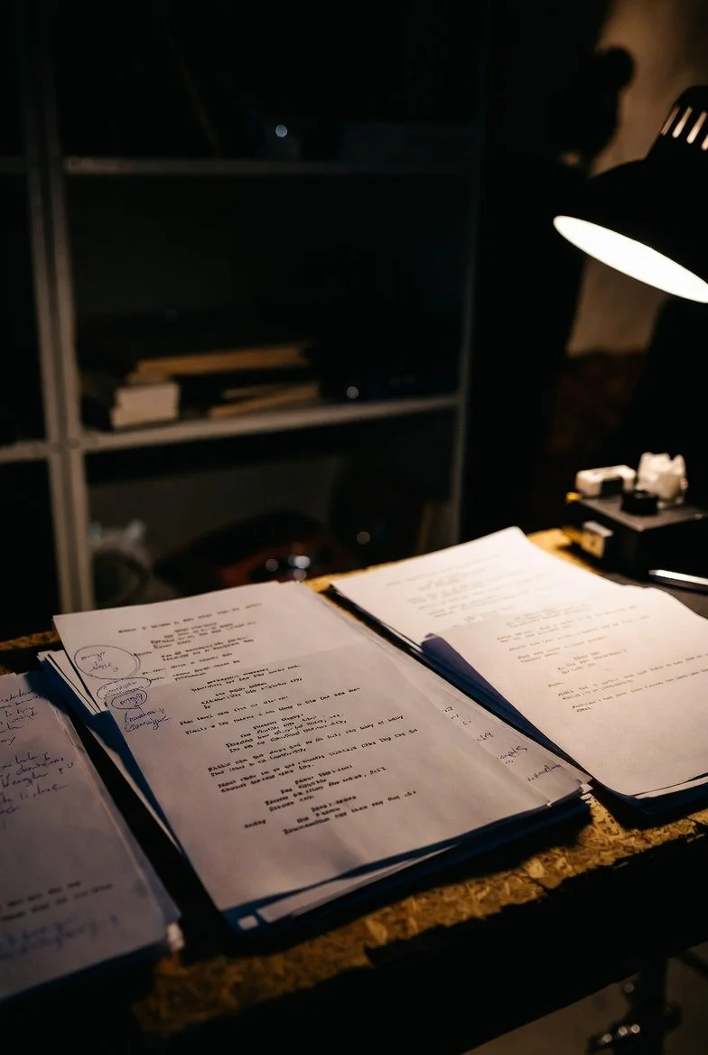 Film and television script pages with notes for psychological consultation and character development