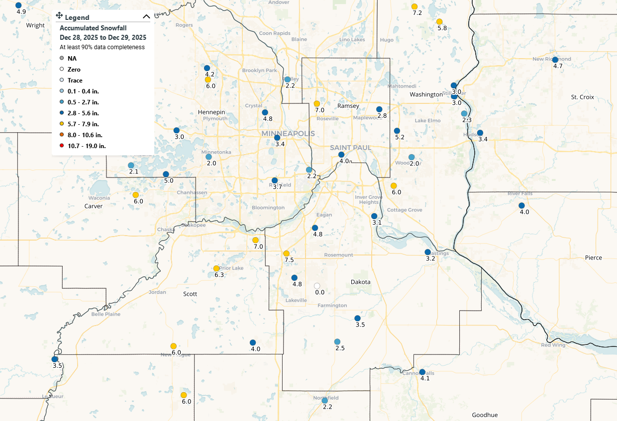 CoCoRaHS Two-Day Snowfall Map (December 28-29th)
