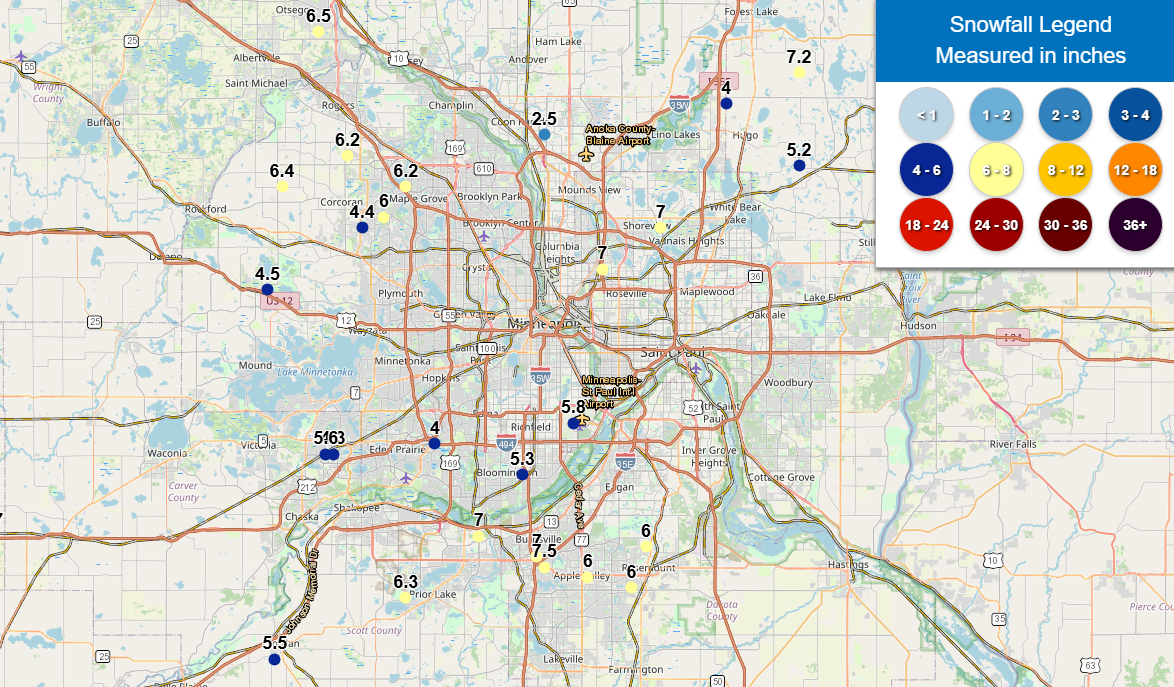 NWS Twin Cities 24-hour Snowfall Map