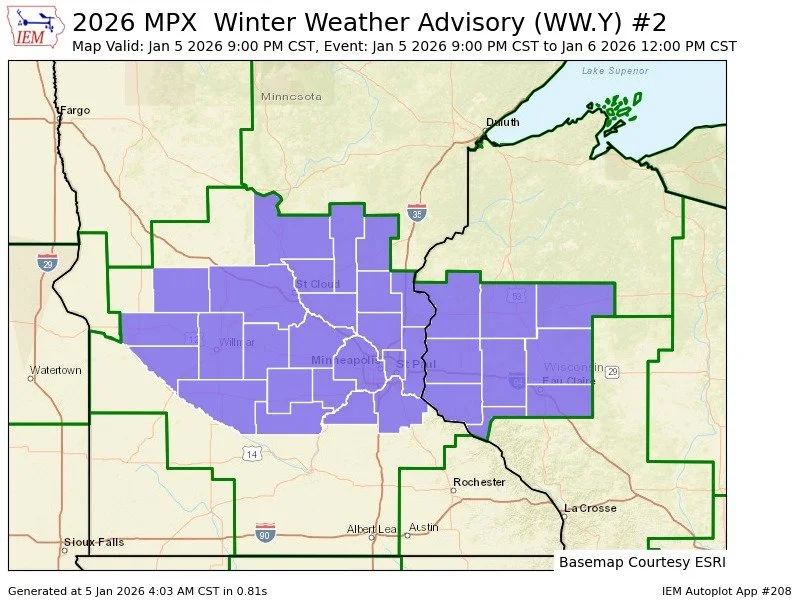 Winter Weather Advisory Issued for Central and Eastern Minnesota as Another Round of Freezing Rain Threatens Travel Monday Night into Tuesday Afternoon