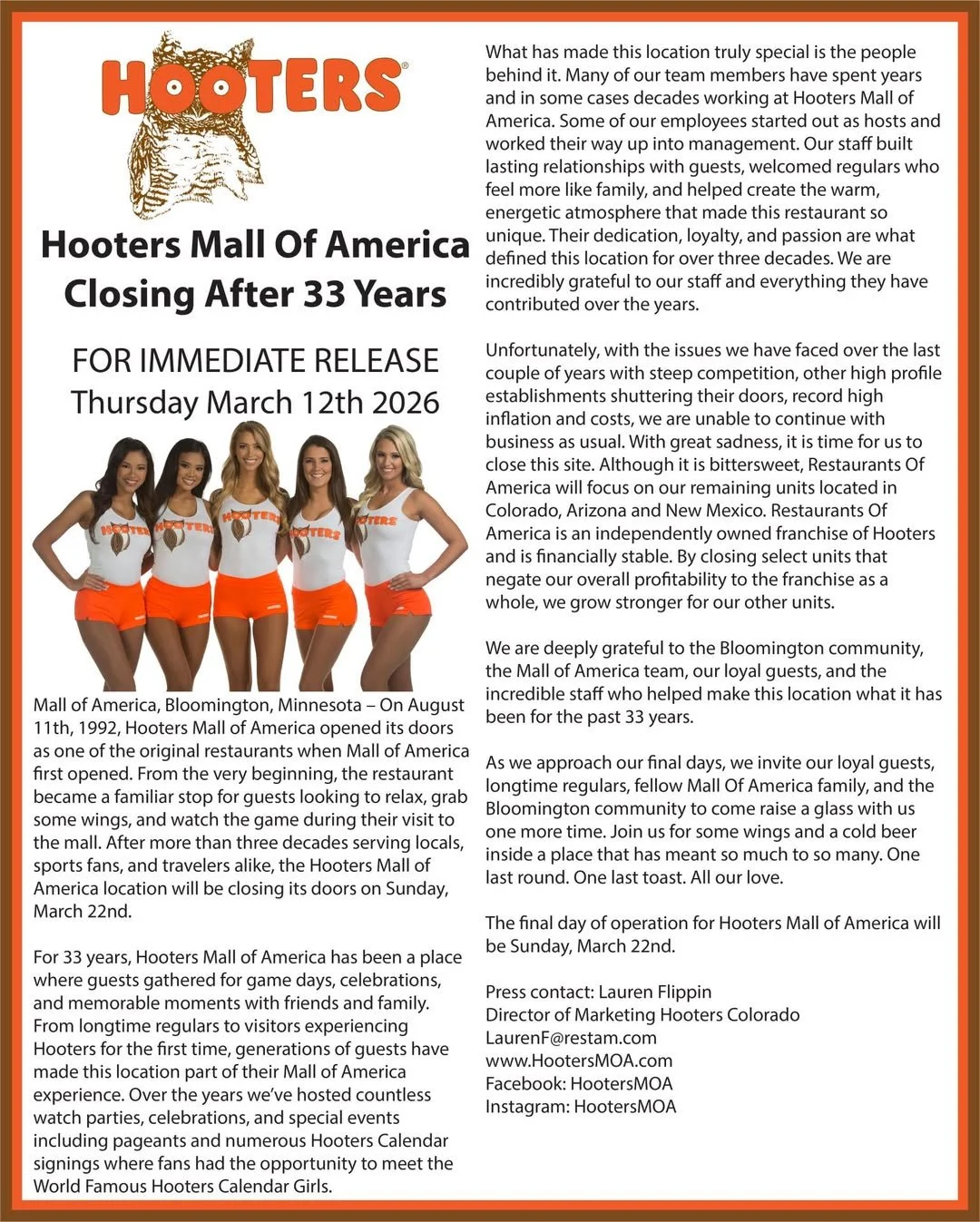 Hooters at Mall of America to Close After 33 Years