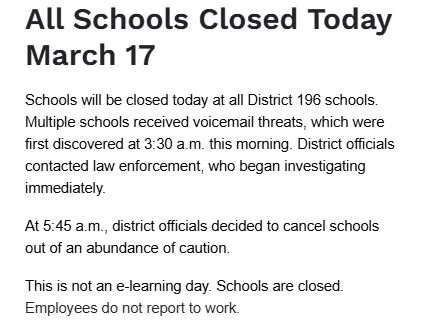 District 196 Closes All Schools Following Reports of a Threat
