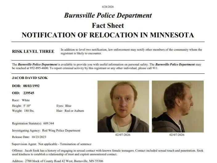 Level 3 Predatory Offender Relocates to Burnsville; Police Issue Community Notification