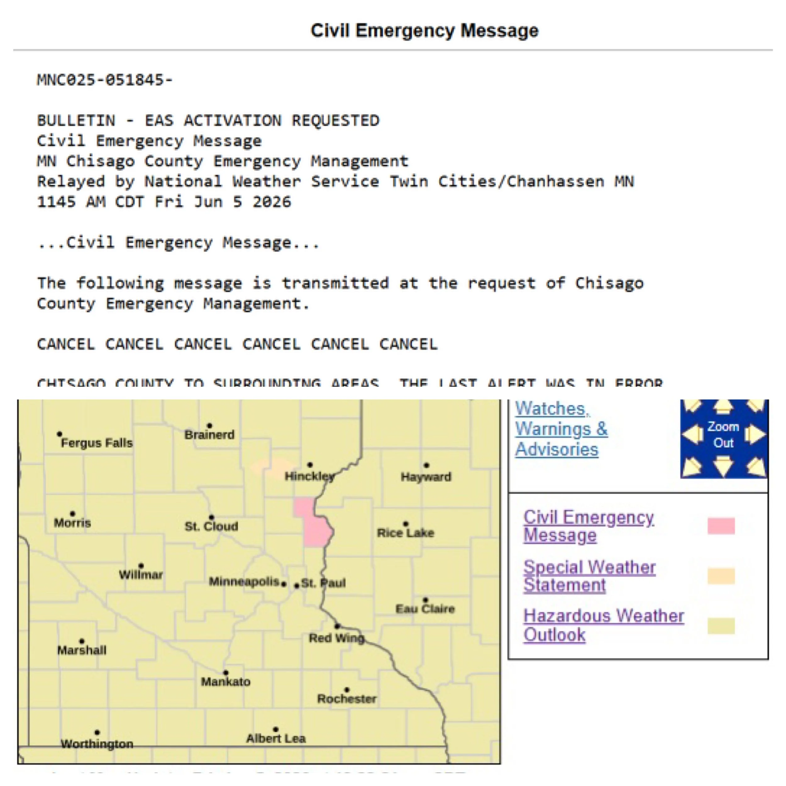Chisago County Officials Clarify Erroneous Emergency Alert; No Known Threat to Public