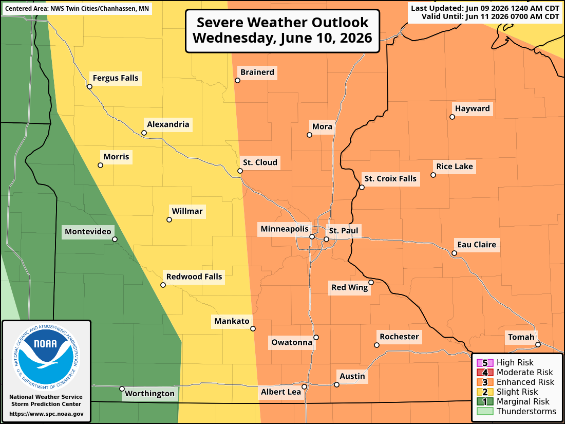 Severe Weather Threat Targets Twin Cities and Southern Minnesota Through Wednesday; Strong Tornadoes, Large Hail, and Damaging Winds Possible