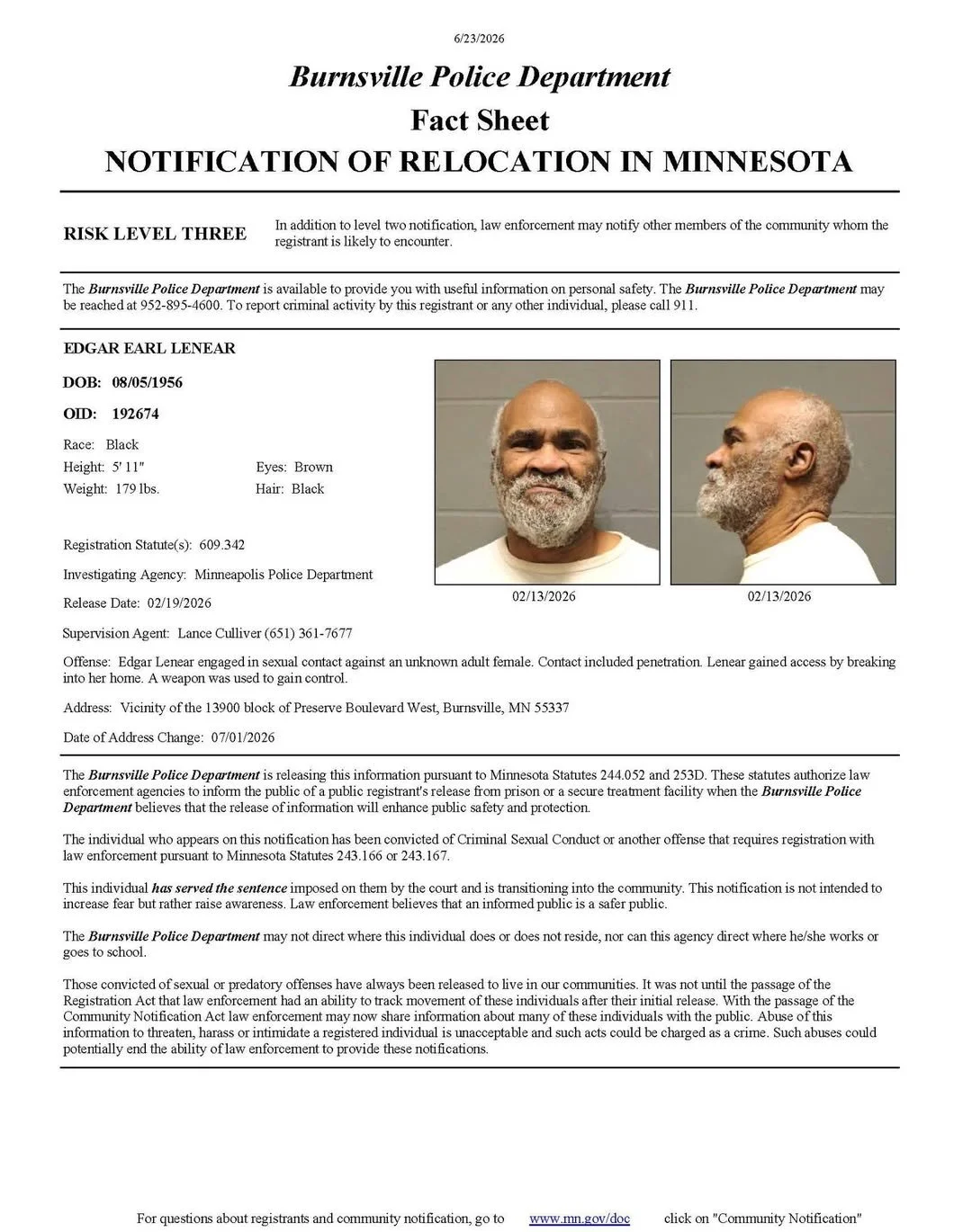 Burnsville Police Notify Public of Level 3 Predatory Offender Relocation