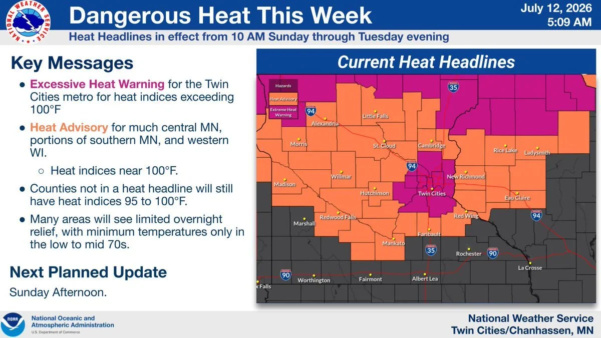 Dangerous Heat to Grip Twin Cities as Extreme Heat Warning Takes Effect Through Tuesday