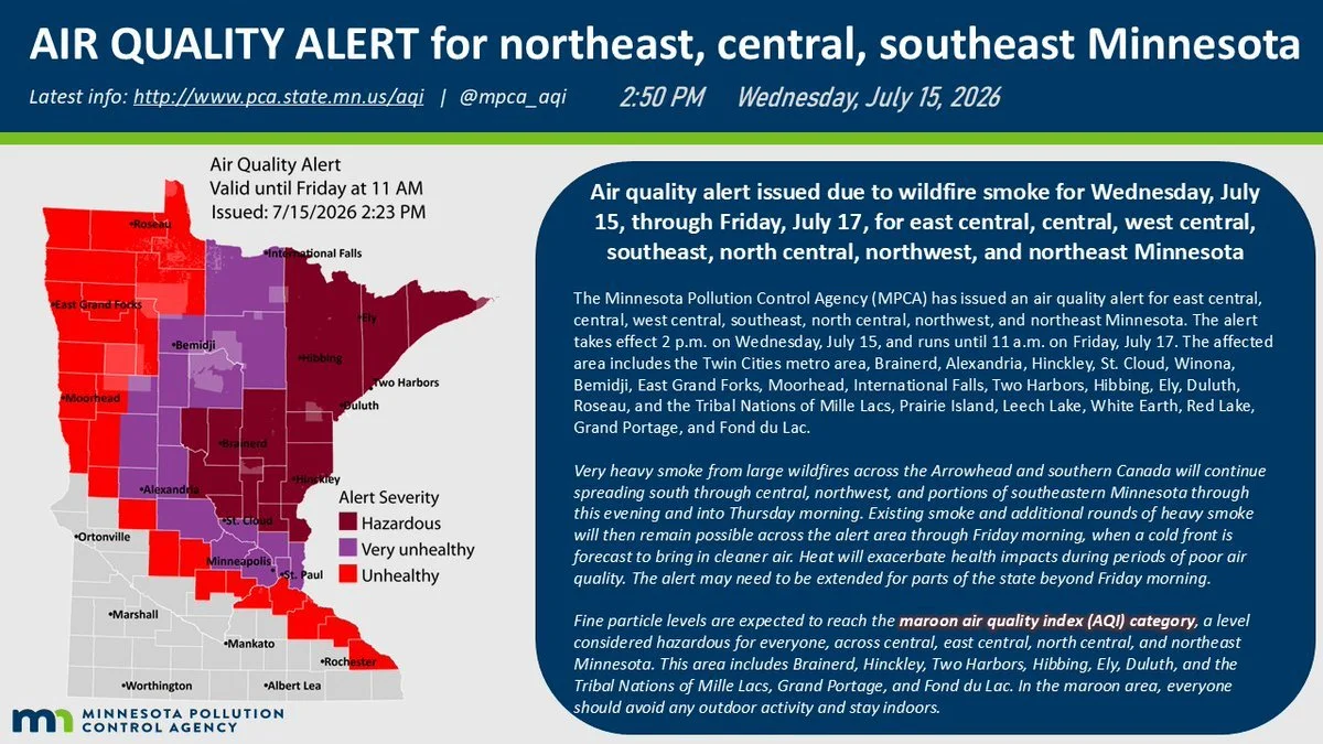 Air Quality Alert Issued for Much of Minnesota as Wildfire Smoke Moves Across State