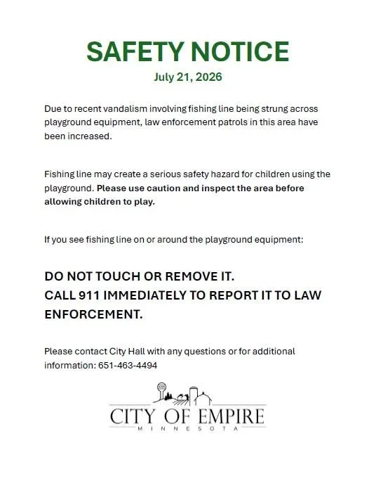 City of Empire Warns Public After Fishing Line Found Strung Across Playground Equipment at Sach's Park
