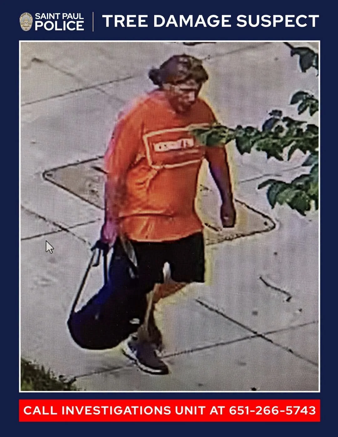 St. Paul Police Release New Photo of Person Sought in Lower Landing Park Tree Vandalism Investigation