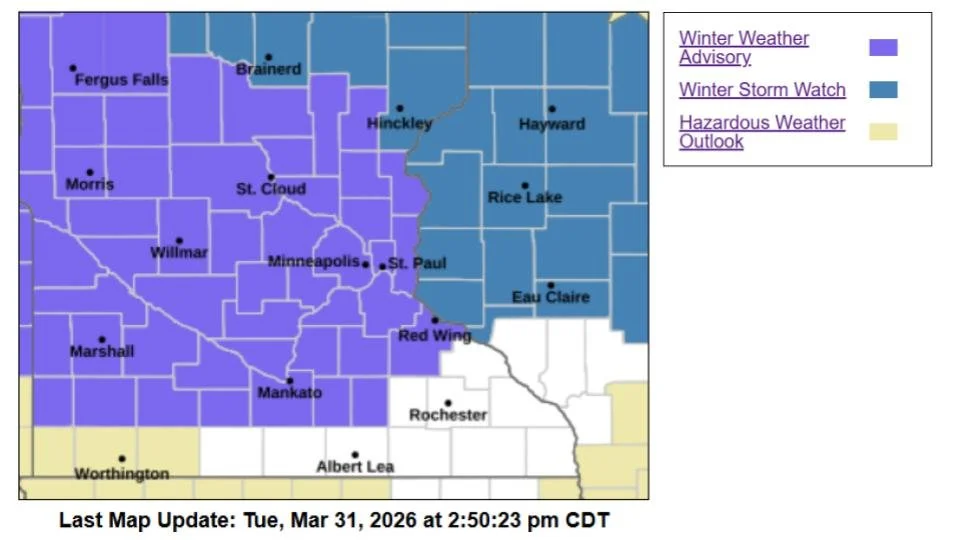 Messy Spring Storm to Bring Snow, Sleet, and Freezing Rain Across Twin Cities Wednesday Night into Thursday, Winter Weather Advisory issued