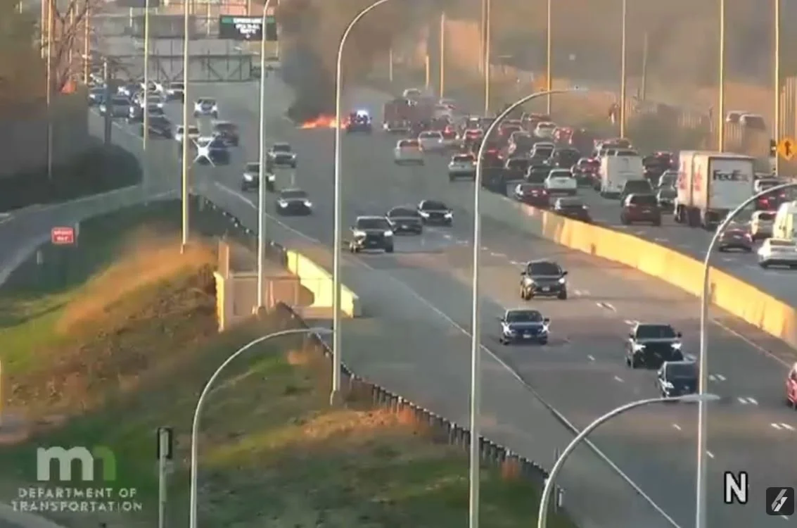 Vehicle Fire Erupts After Rear-End Crash on I-35W in Bloomington, Injuring Two