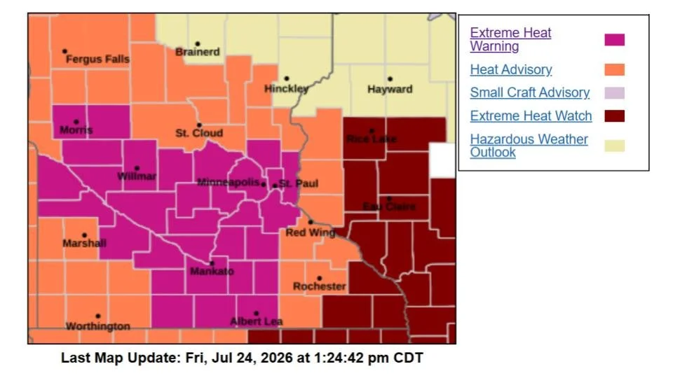 Extreme Heat Warning Issued for Twin Cities Metro Through Early Monday; Heat Index Could Reach Over 100 Degrees