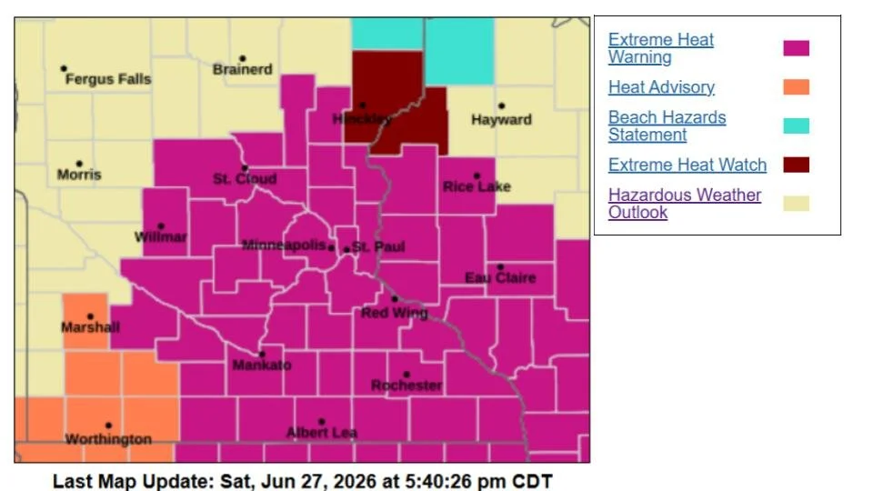 Extreme Heat Warning Issued for Twin Cities and Much of Minnesota as Heat Index Could Reach 110 Degrees Monday