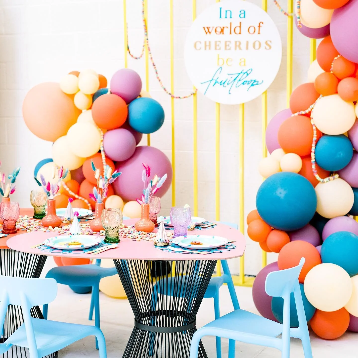 Be a FRUITLOOP it makes life more FUN !⚡️✨🌈 
.
Fun/loud/exciting and DANG FINE the way kids parties are meant to be ⚡️
.
Rentals : backdrop, bubble blue kids chairs, shape tables (heart &amp; circle) yes we have fun shapes!!!! (Rainbow, shell, cloud