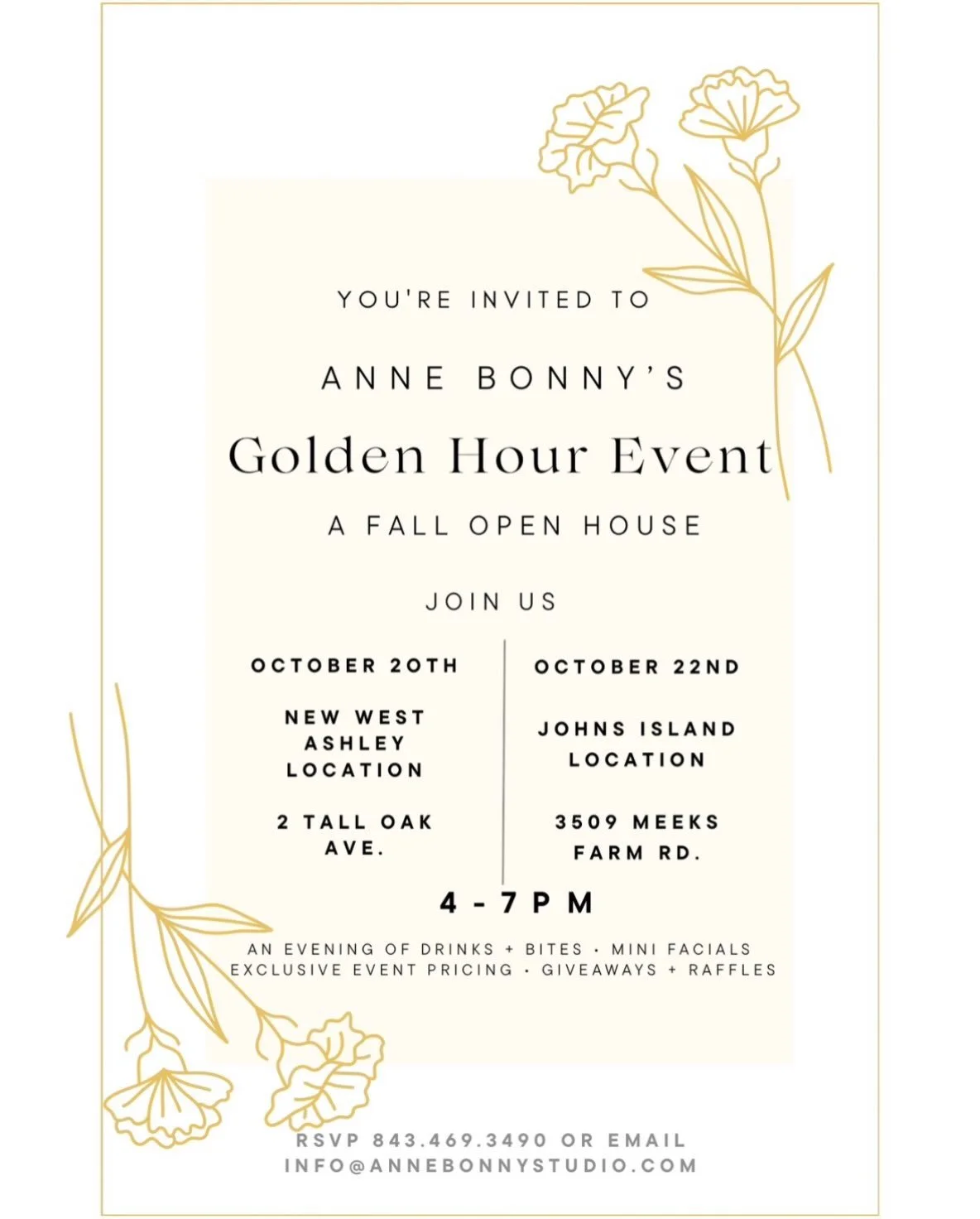Golden Hour is coming ✨🍂

Join us for two evenings at Anne Bonny&rsquo;s with exclusive event-only specials, giveaways, refreshments, local vendors + a few fun surprises.

📍 West Ashley &mdash; October 20 | 4&ndash;7 PM
📍 Johns Island &mdash; Octo