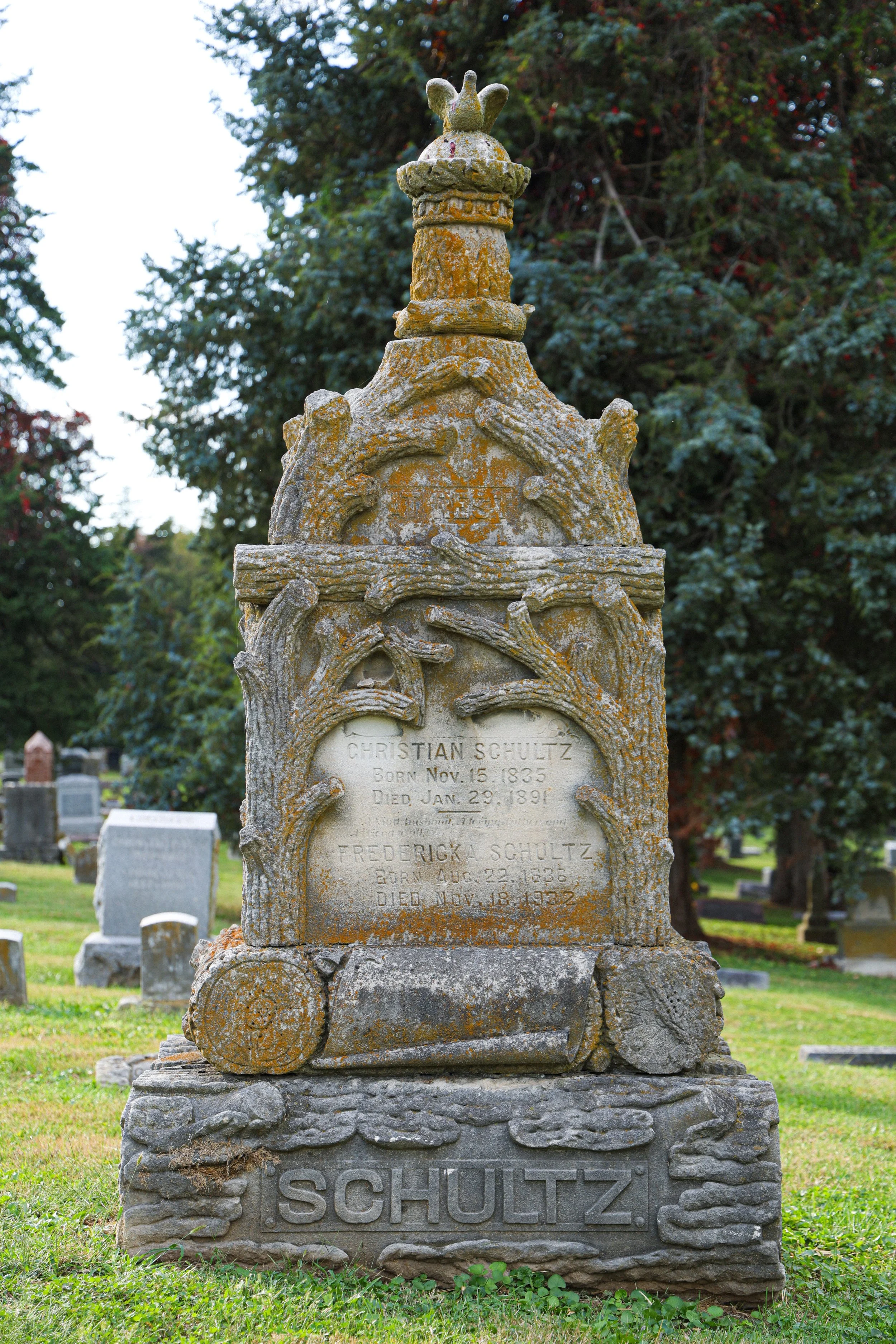 The headstone of Christian and Fredericka Schultz. Jules C. Robidoux, (pronounced "roo-bee-doo"), the son of the founder of the city, officiated their wedding in 1859.