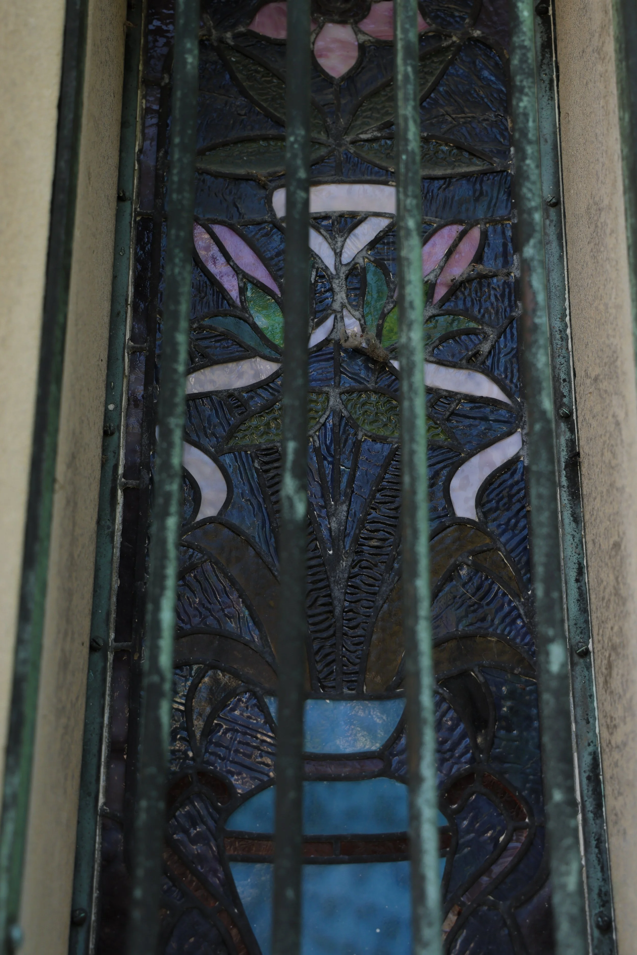 Beautiful colored stained glass on the Self mausoleum.