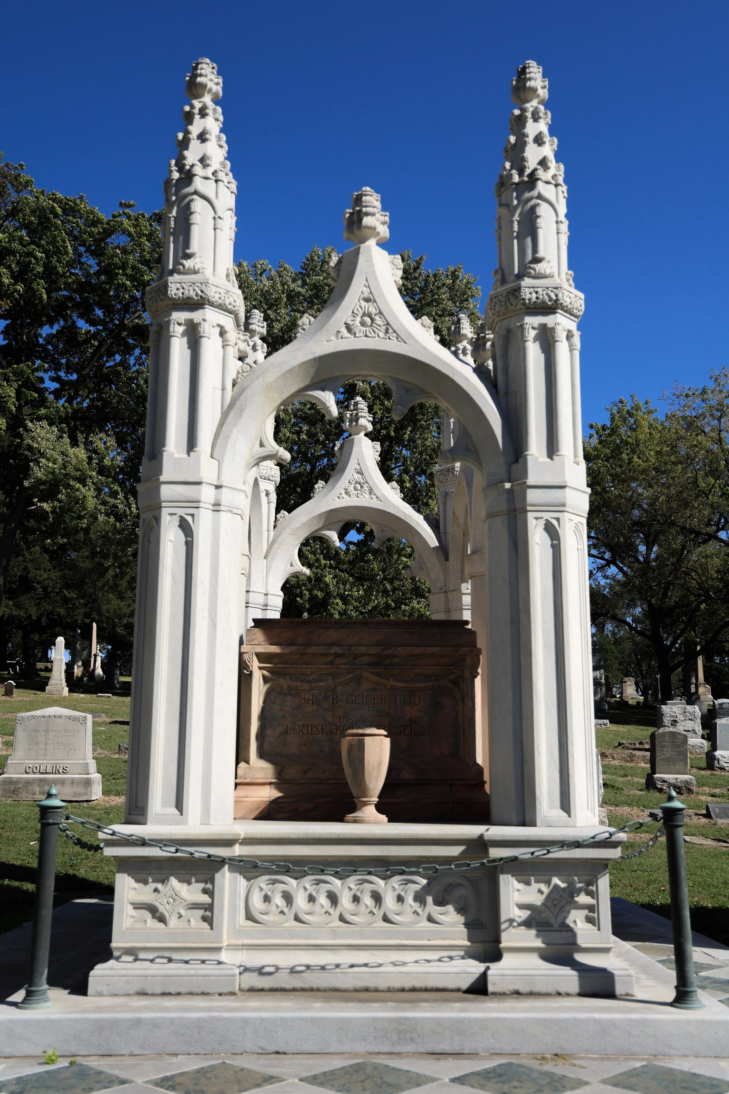 Beautiful gravesite of Dr. Jacob Geiger and his wife, Louise. Born in Germany, Jacob Geiger began his career in medicine when he worked at a St. Joseph pharmacy for fifteen years. After receiving his degree in 1872, "... he became an outstanding surg
