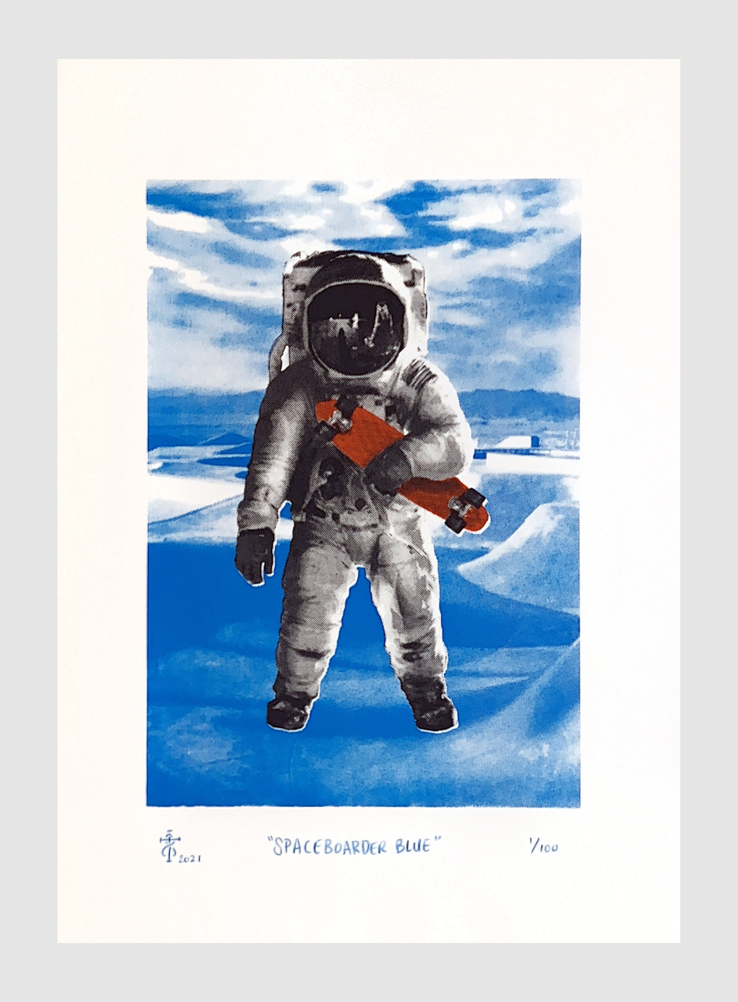   Spaceboarder (Blue), 2021   Silkscreen on rag paper, 14.5 x 10 in (image size), 21 x 15 in (paper size), edition of 100   PURCHASE  