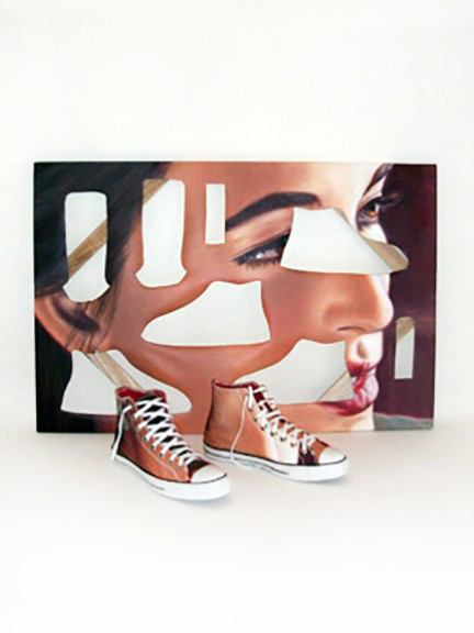   T8 Boarders 001 , 2008  Oil on canvas, thread, and Converse High Tops, 24 x 36 x 12 inches 