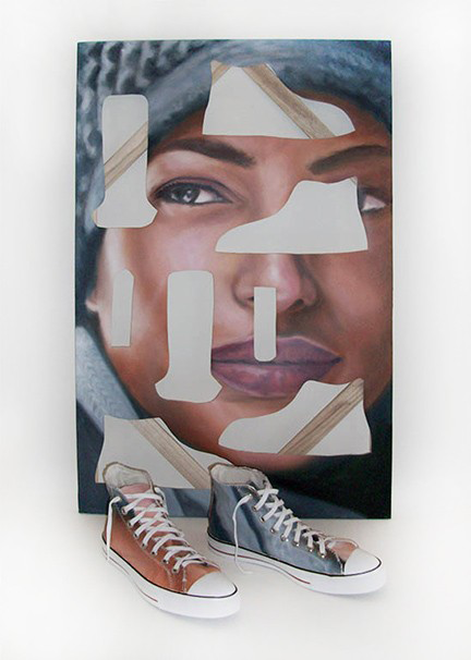   T8 Boarders 002 , 2008  Oil on canvas, thread, and Converse High Tops, 24 x 36 x 12 inches 