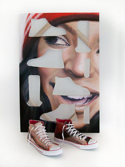   T8 Boarders 005 , 2008  Oil on canvas, thread, and Converse High Tops, 24 x 36 x 12 inches 