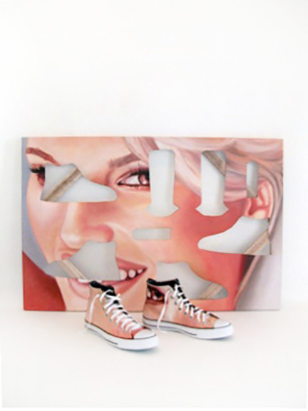   T8 Boarders 004 , 2008  Oil on canvas, thread, and Converse High Tops, 24 x 36 x 12 inches 