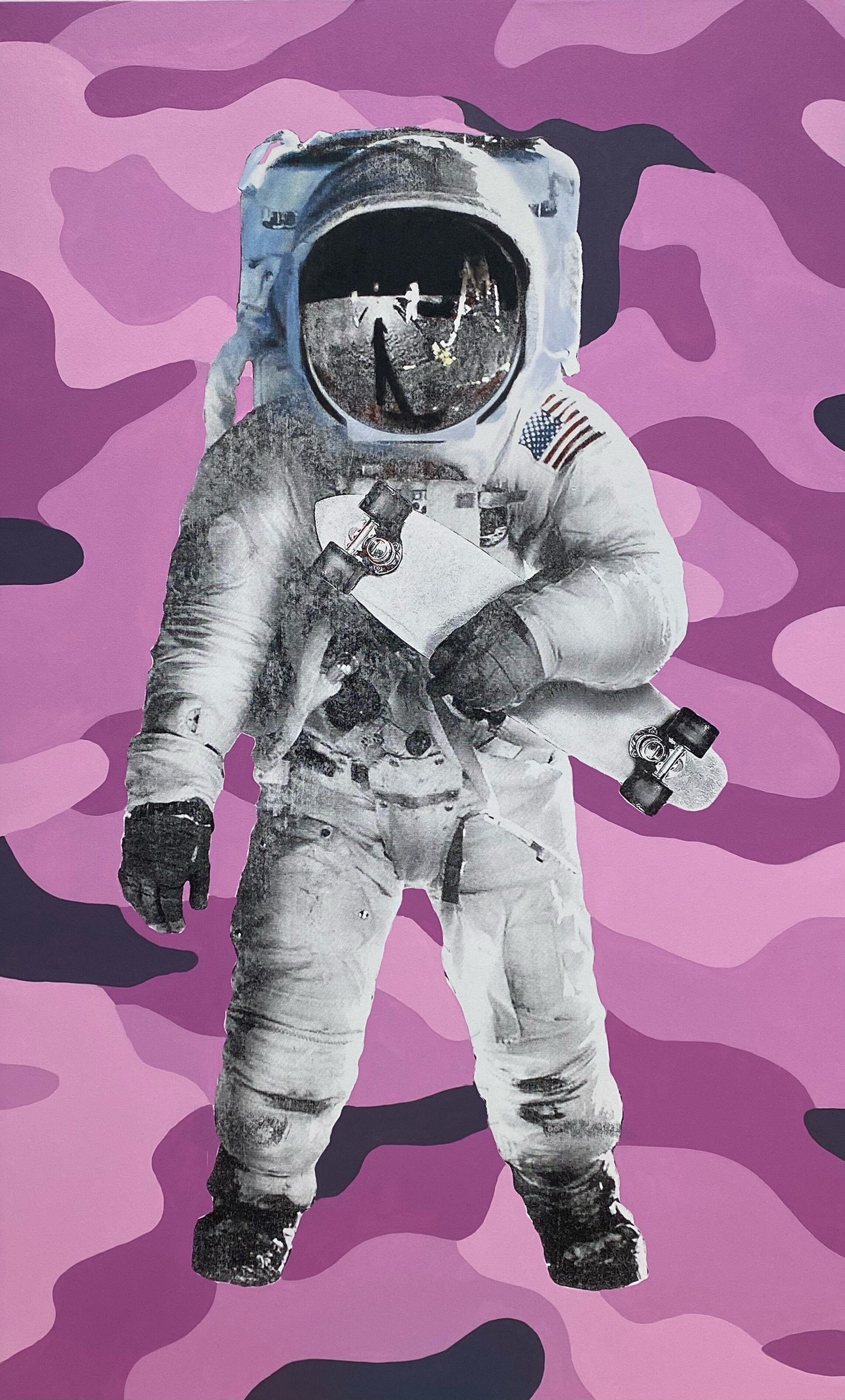   Camo Spaceboarder (Purple), 2021   Screen print and acrylic on canvas, 78 x 48 inches 