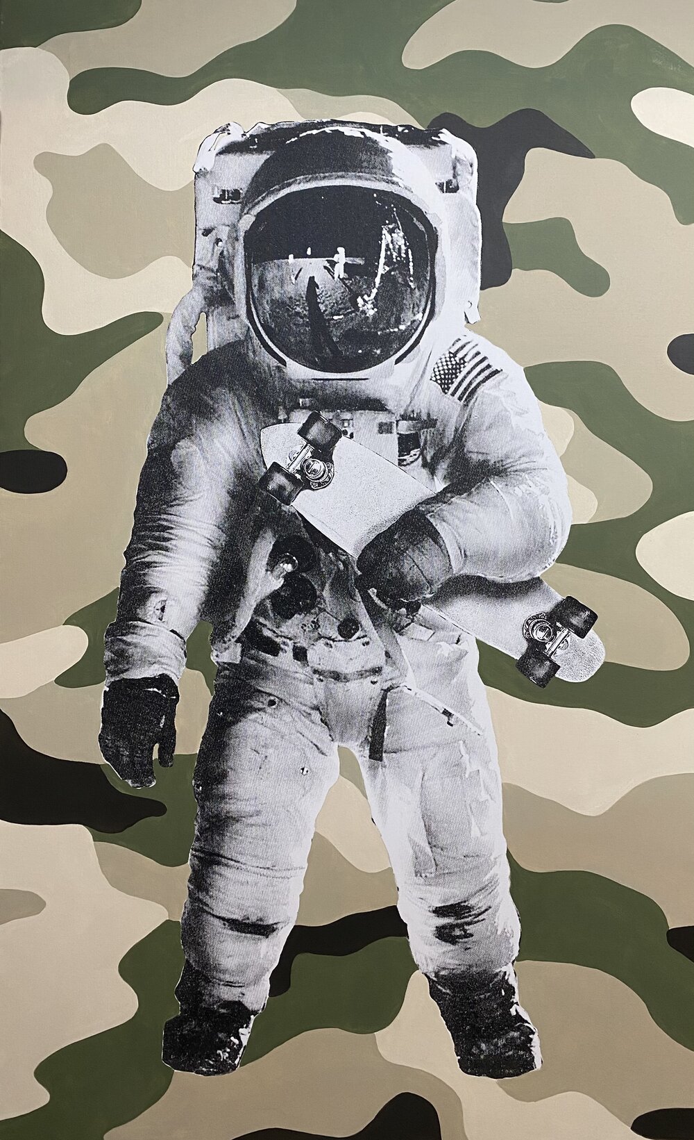   Camo Spaceboarder, 2021   Screen print and acrylic on canvas, 78 x 48 inches 