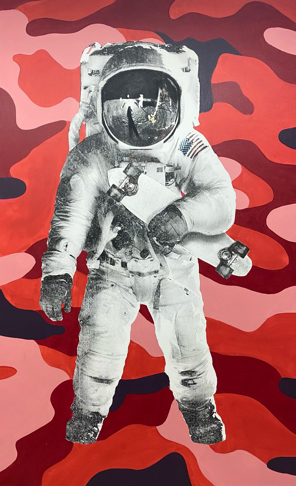   Camo Spaceboarder (Red), 2021   Screen print and acrylic on canvas, 78 x 48 inches 