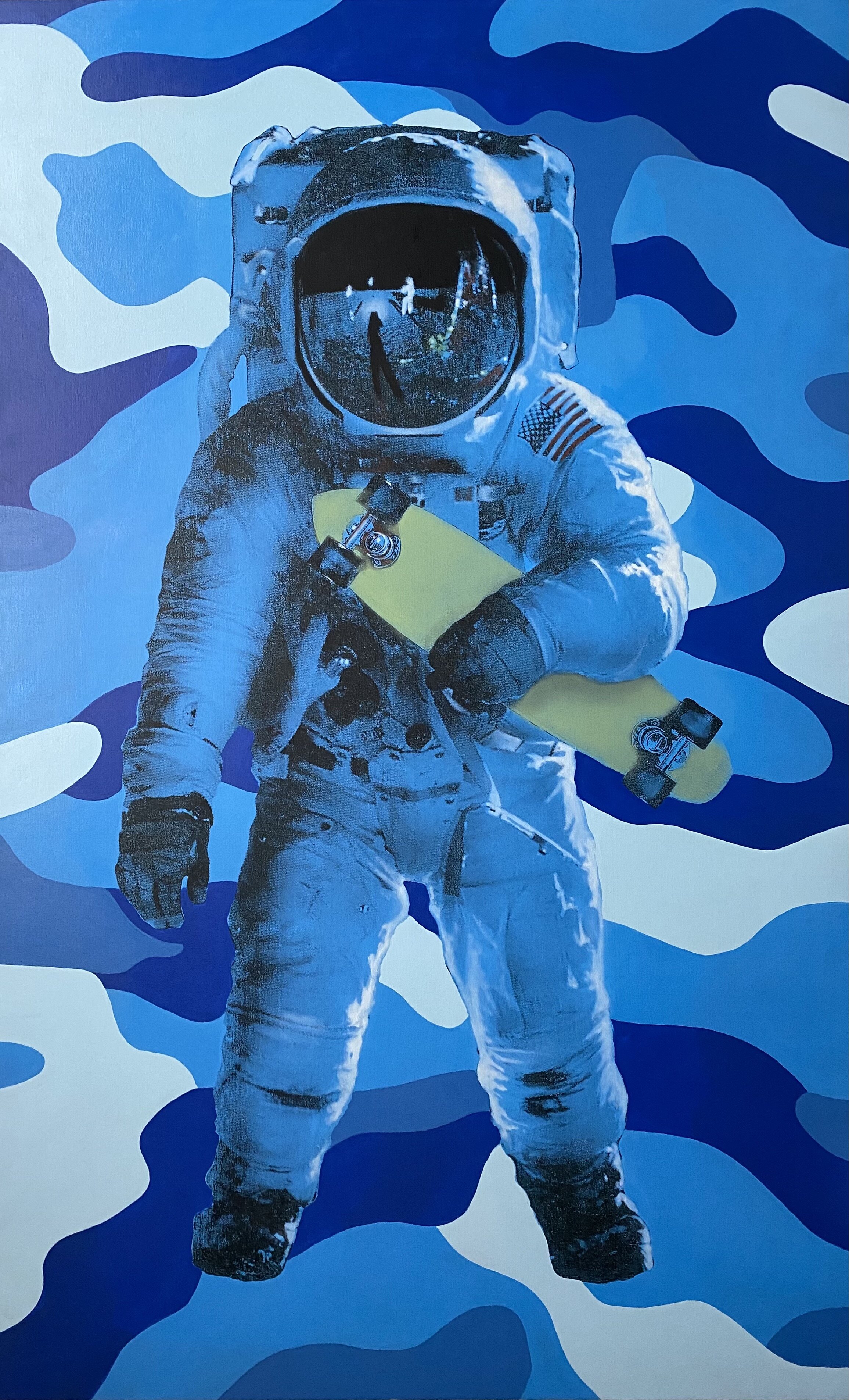   Camo Spaceboarder (Blue), 2021   Screen print and acrylic on canvas, 78 x 48 inches 