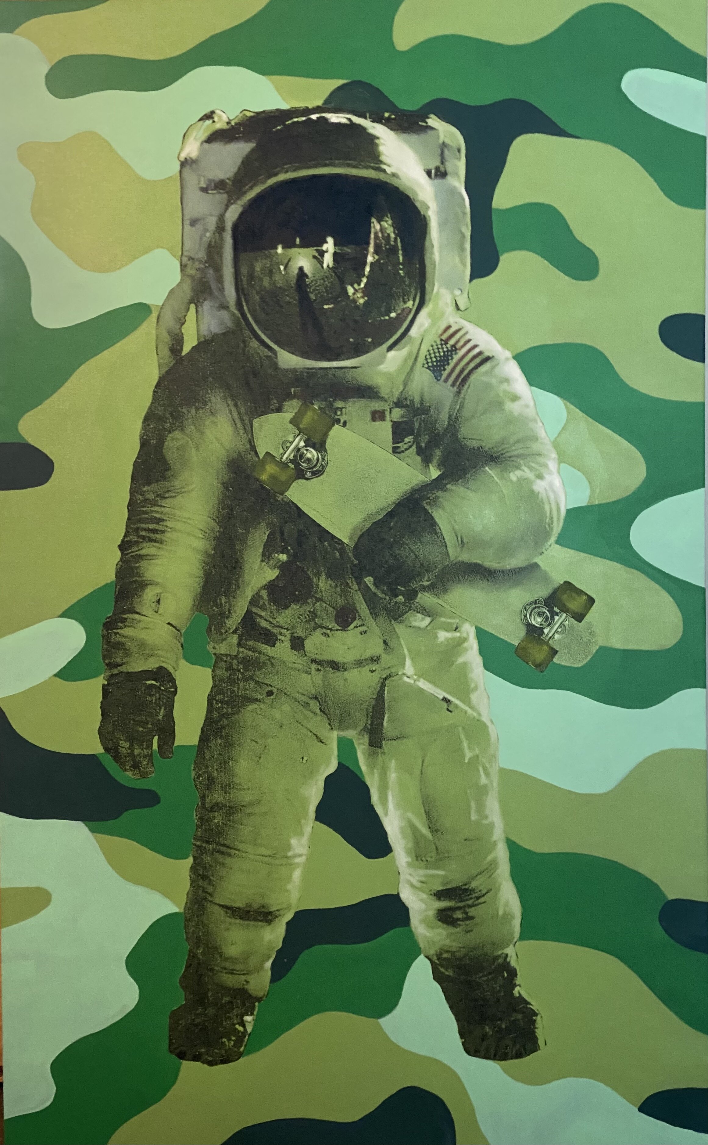   Camo Spaceboarder (Green), 2021   Screen print and acrylic on canvas, 78 x 48 inches 