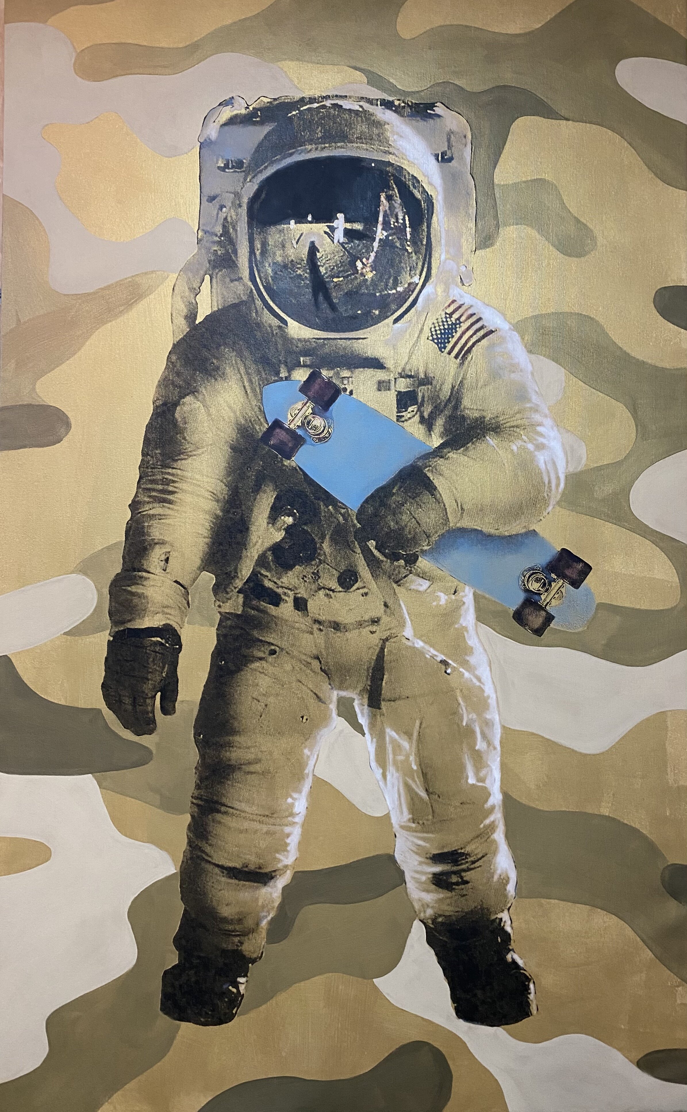   Camo Spaceboarder (Gold), 2021   Screen print and acrylic on canvas, 78 x 48 inches 