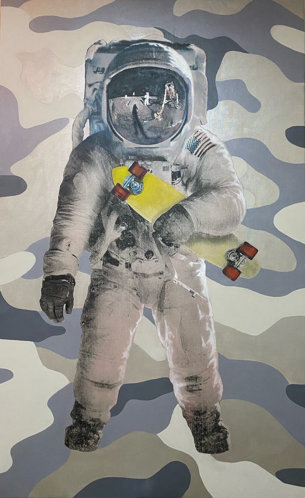   Camo Spaceboarder (Silver), 2021   Screen print and acrylic on canvas, 78 x 48 inches 