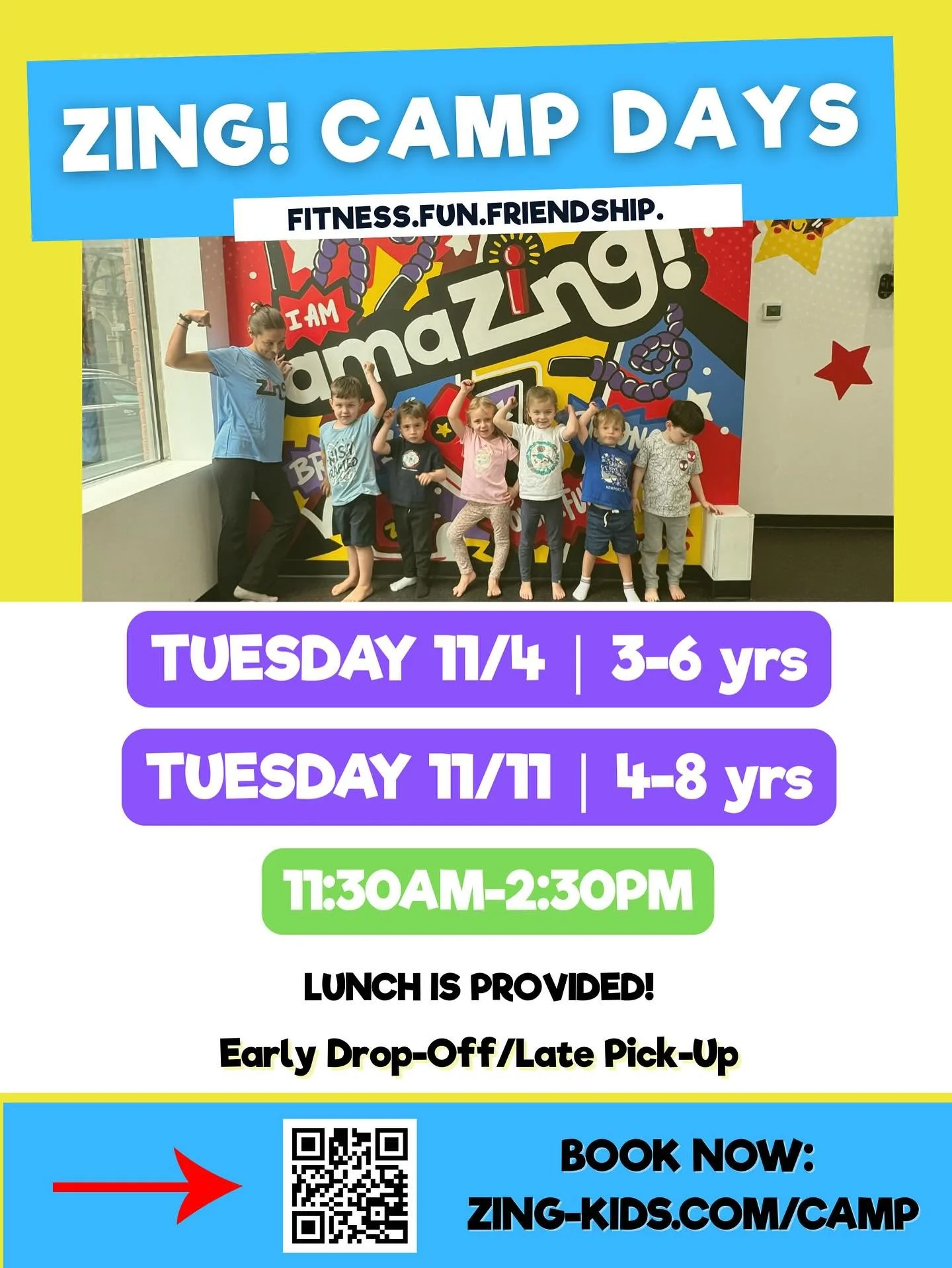 🗓️November is here and we have two mini camp days!

💫Drop the kids off for confidence-boosting fitness, creative crafts and social play while school&rsquo;s out.

📌11/4 &amp; 11/11 from 11:30AM-2:30PM

🍕Lunch is provided!

➡️ Head to zing-kids.co