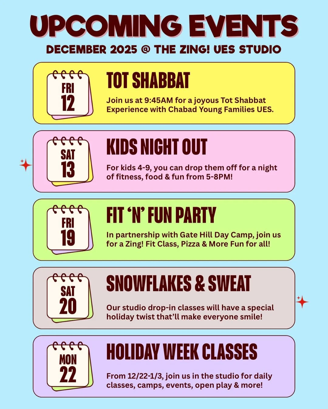 ✨DECEMBER UES STUDIO ZING! EVENTS &amp; HAPPENINGS✨

Join us for so many amaZING opportunities to help your kids (and you!) feel healthy, happy &amp; warm this month, no matter what the weather⛄️💪🤩

Some highlights include:

⭐️ Our FIRST Tot Shabba