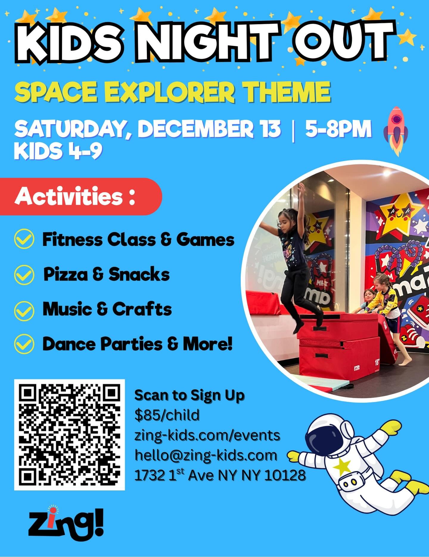 The countdown is ON!

Join us for our next Kids Night Out - Space Explorer Style 🪐

On Saturday, December 13 from 5-8PM, kids will:

🚀Enjoy an Outer Space-inspired Fit Class (aliens can&rsquo;t stop us👽!)

🧑&zwj;🚀Design outer space crafts that t