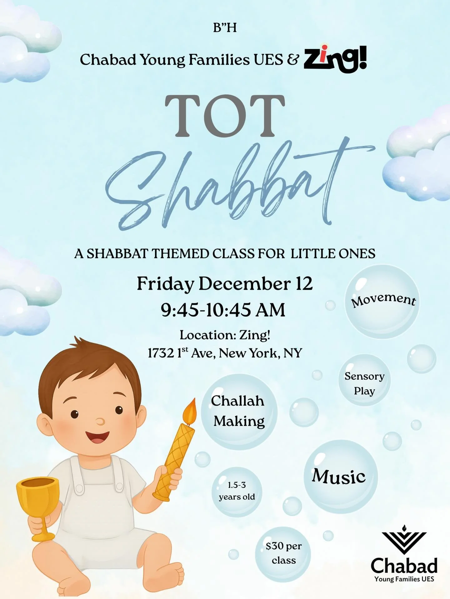 ✨Join us with @chabadyoungfamilies for the first Tot Shabbat at our Studio!

🎵All young kids 1-3 will enjoy music &amp; movement that&rsquo;ll get rhem in the holiday spirit!

🫶At the end, kids will get challah dough to go home with and bake with t