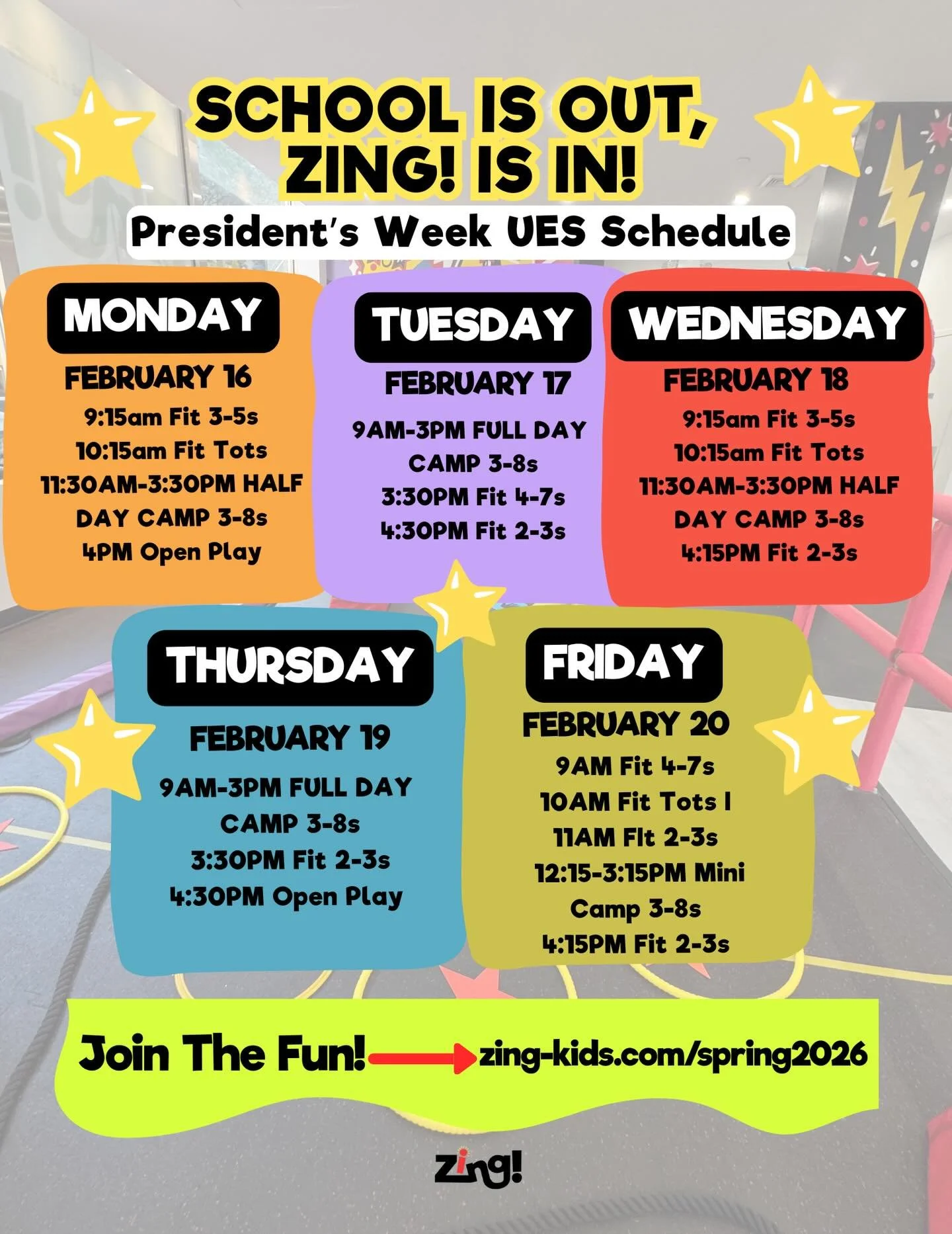 No school? No problem!

👉Get a head start and drop your kids off with us over President&rsquo;s Week!🗓️ 2/16-2/20/26✨

💪From full day drop-off camps to drop-in classes, half day camps and open play, we have something for every family&rsquo;s needs