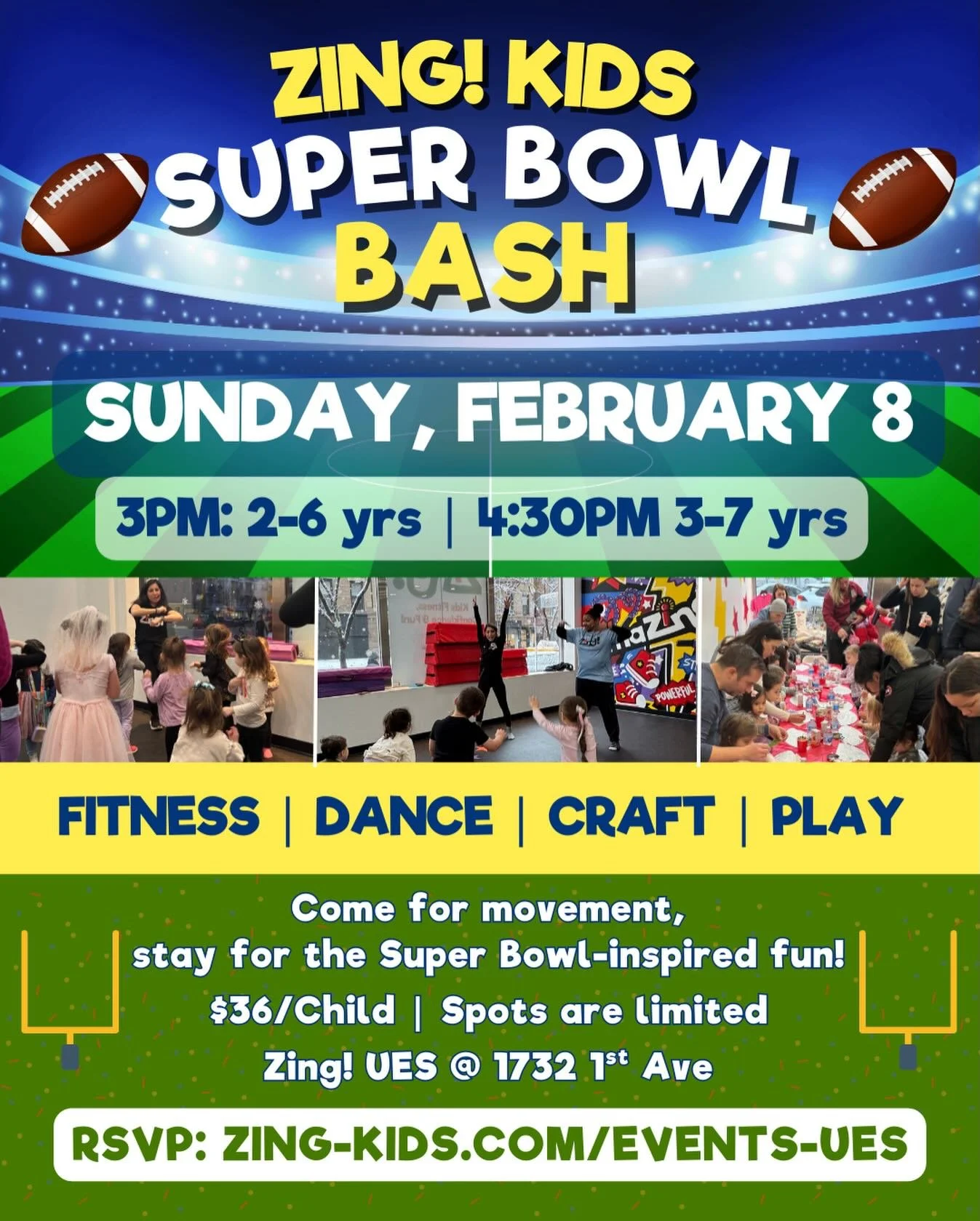 🏈LET THE COUNTDOWN TO TOUCHDOWNS BEGIN🏈

🎉Zing!&rsquo;s Super Bowl Bash is next Sunday, February 8🎉

Bring your child for an afternoon of football-inspired fitness (even if they&rsquo;ve never watched/played before😅), a *very* special craft with