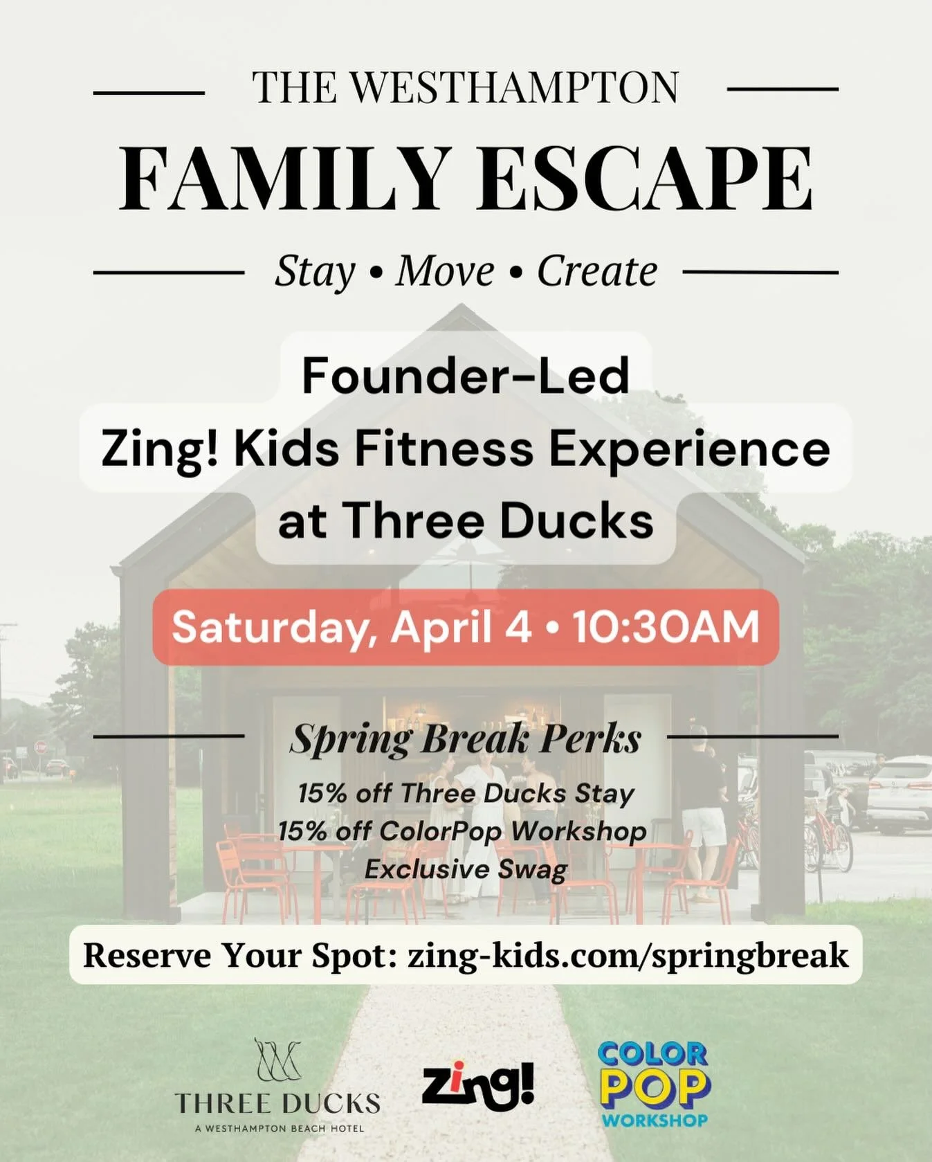 Family Spring Break plans just got a lot more fun😎

Zing! Kids is popping up in the Hamptons!

Join us at @threeduckswesthampton for an amaZING Zing! Kids fitness experience led by founder @michelegordonlevy &mdash; full of movement, music, and seri