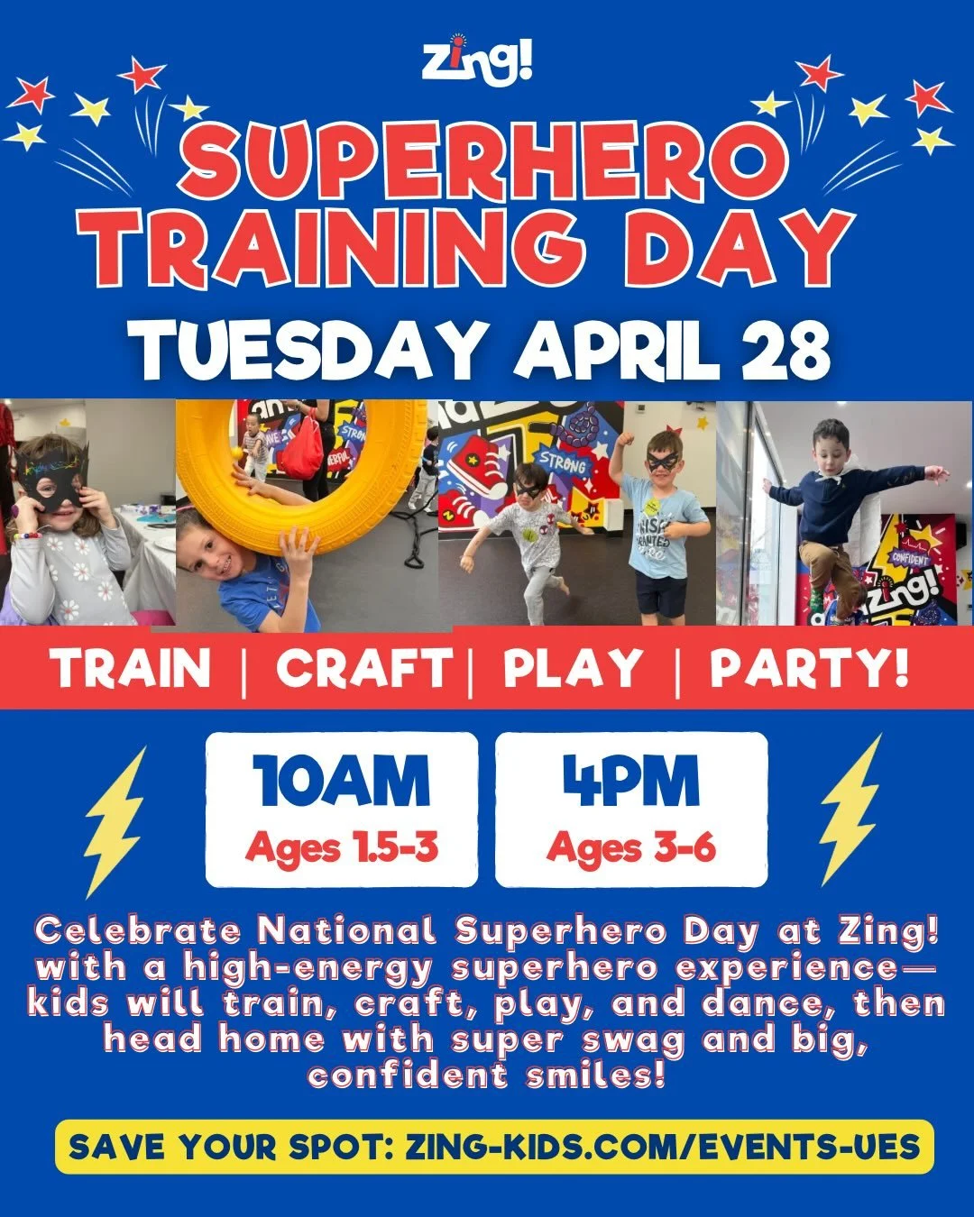 ⚡️CELEBRATE NATIONAL SUPERHERO DAY AT ZING!⚡️

4/28 is #NationalSuperheroDay and we are transforming our Zing! Stars into #superheroes all week long⭐️

💪Join us for a series of very special events that will include superhero-inspired fitness, crafts