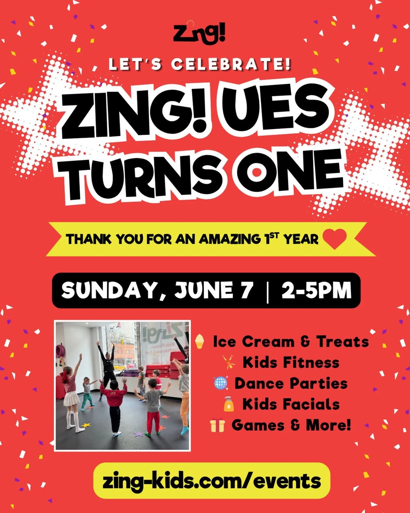 🎉 LET&rsquo;S CELEBRATE, UPPER EAST SIDE! 🎂✨

One year ago, we opened the doors to Zing!&rsquo;s new home&mdash;and what an amaZING year it&rsquo;s been! 💛 From classes, camps &amp; parties to countless smiles, we&rsquo;re so grateful for this inc