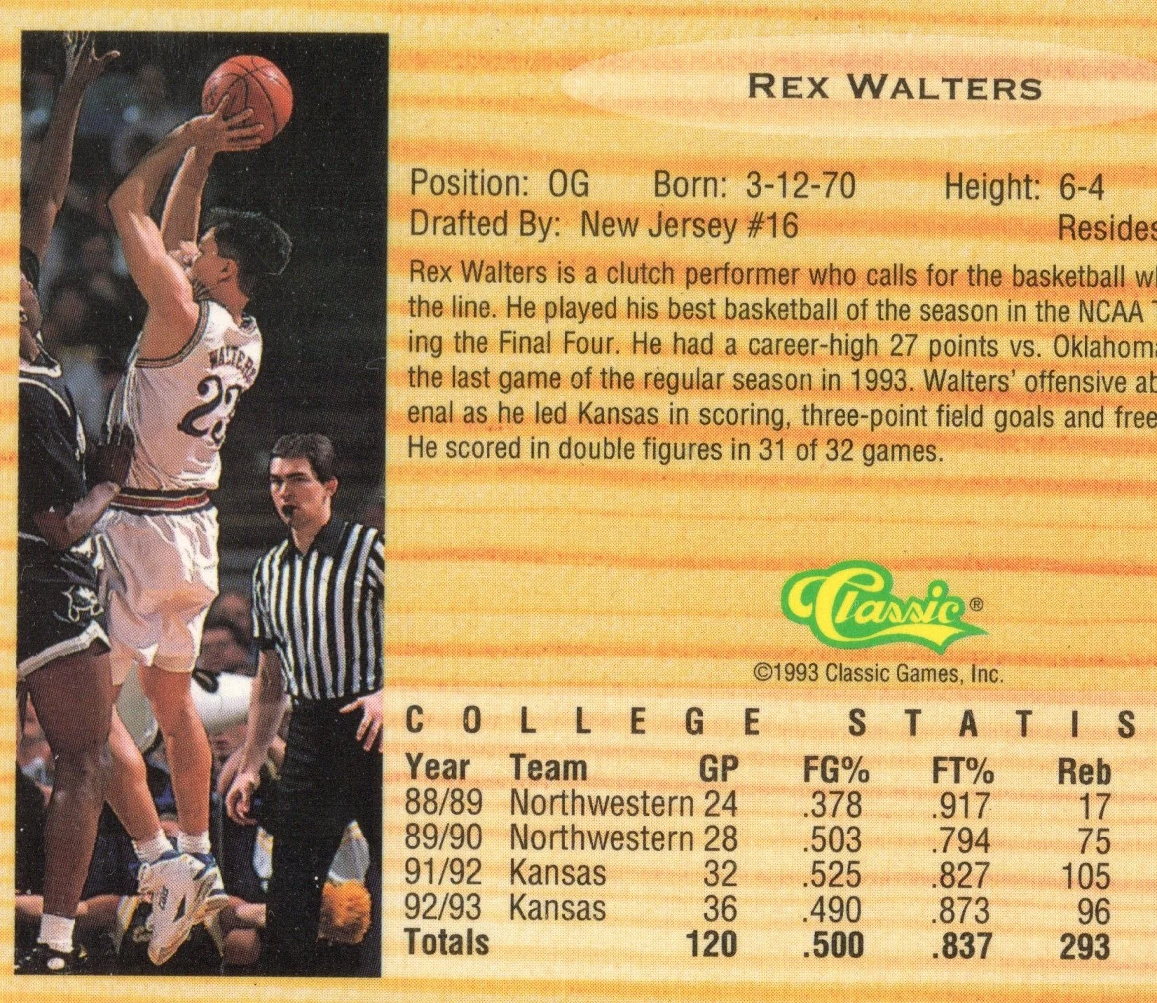 1993 Classic Draft Picks #77 (back)