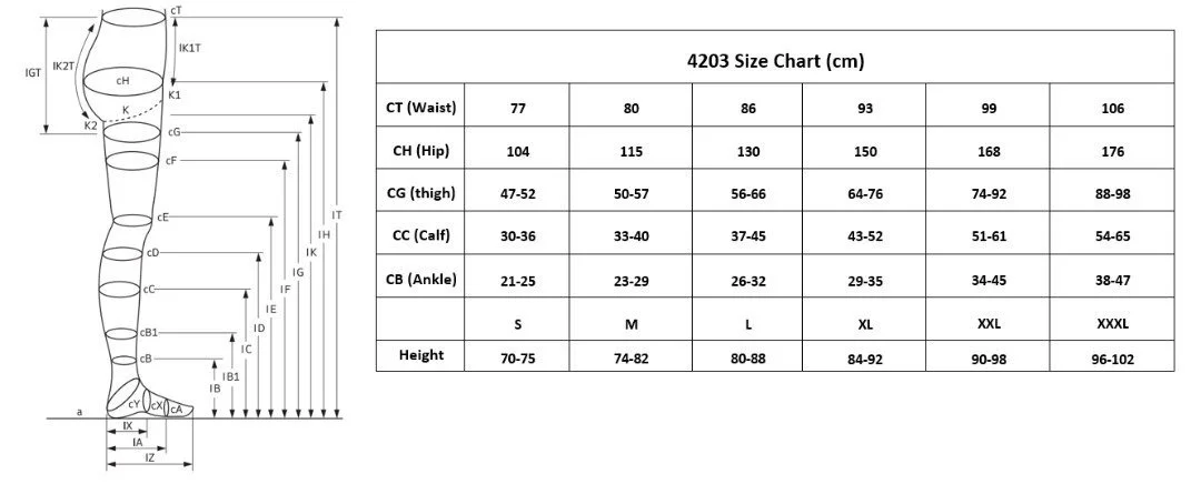 Diagram of leg showing measurements and a size chart for waist, hip, thigh, calf, ankle, and height in centimeters for sizes S to XXXL.