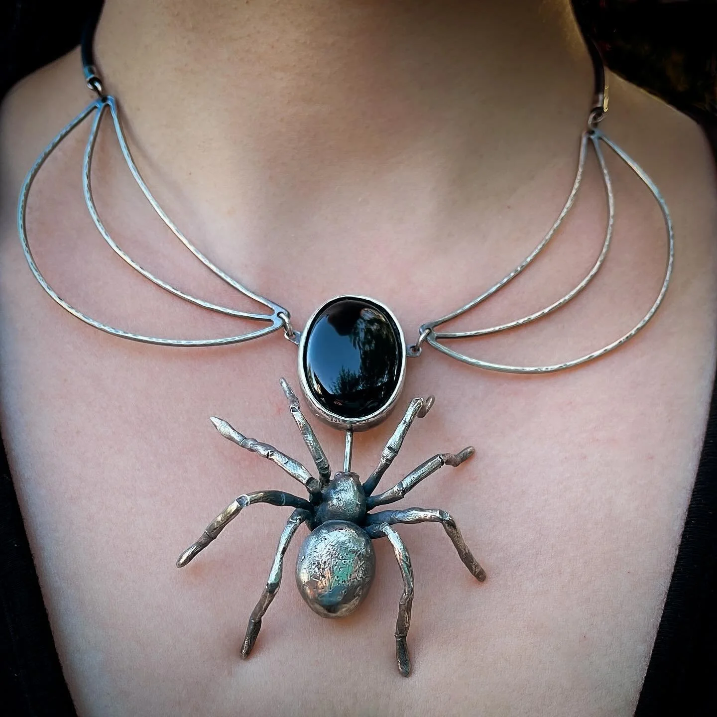 My first spider, a house black. Hand sculpted and cast in sterling silver with black onyx and a fabricated silver necklace. Not everyone&rsquo;s cup of tea, but someone&rsquo;s champagne. #silverjewellery #australianartists #naturespeaks #canberraart